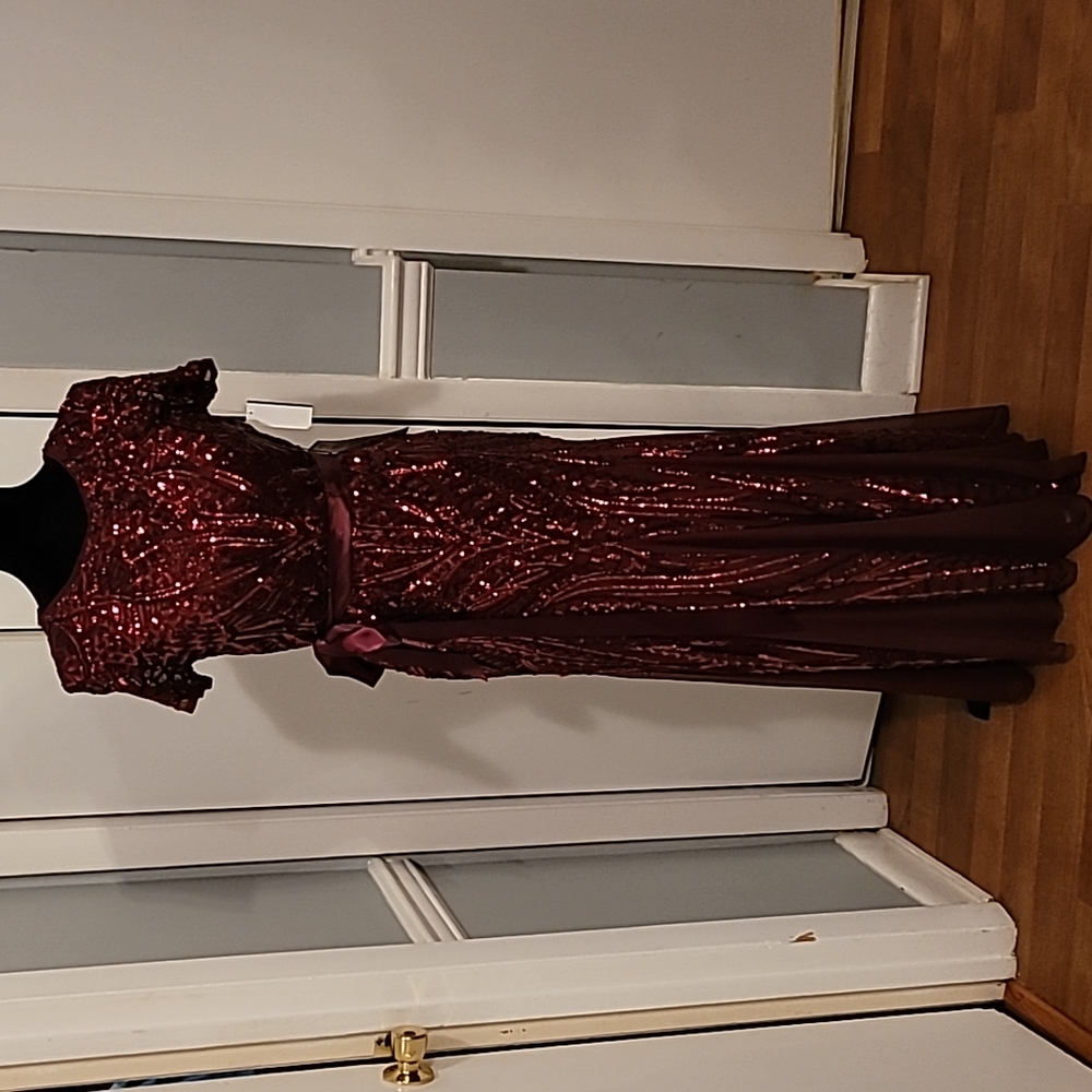 R & M Richards Burgundy Sequin Evening Gown